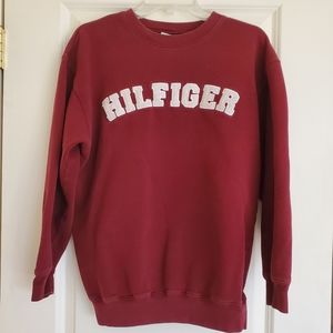 XL Boys Tommy Hilfiger Crewneck Sweatshirt Maroon Spellout Logo Vintage Y2K 2001